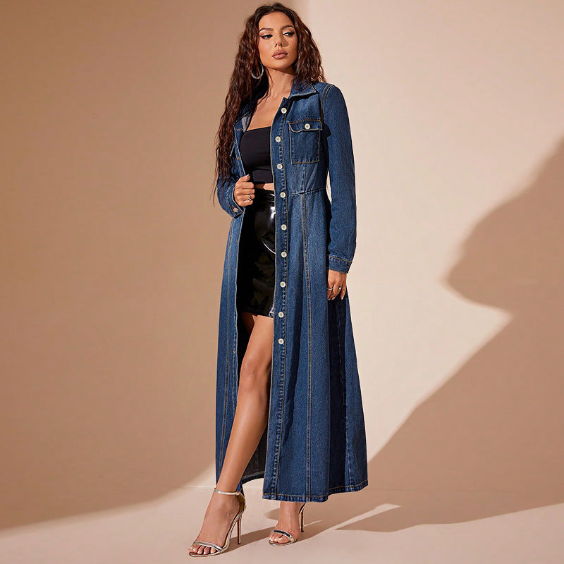 Doudoune en denim boutonné maxi décontracté style urbain pour femme
