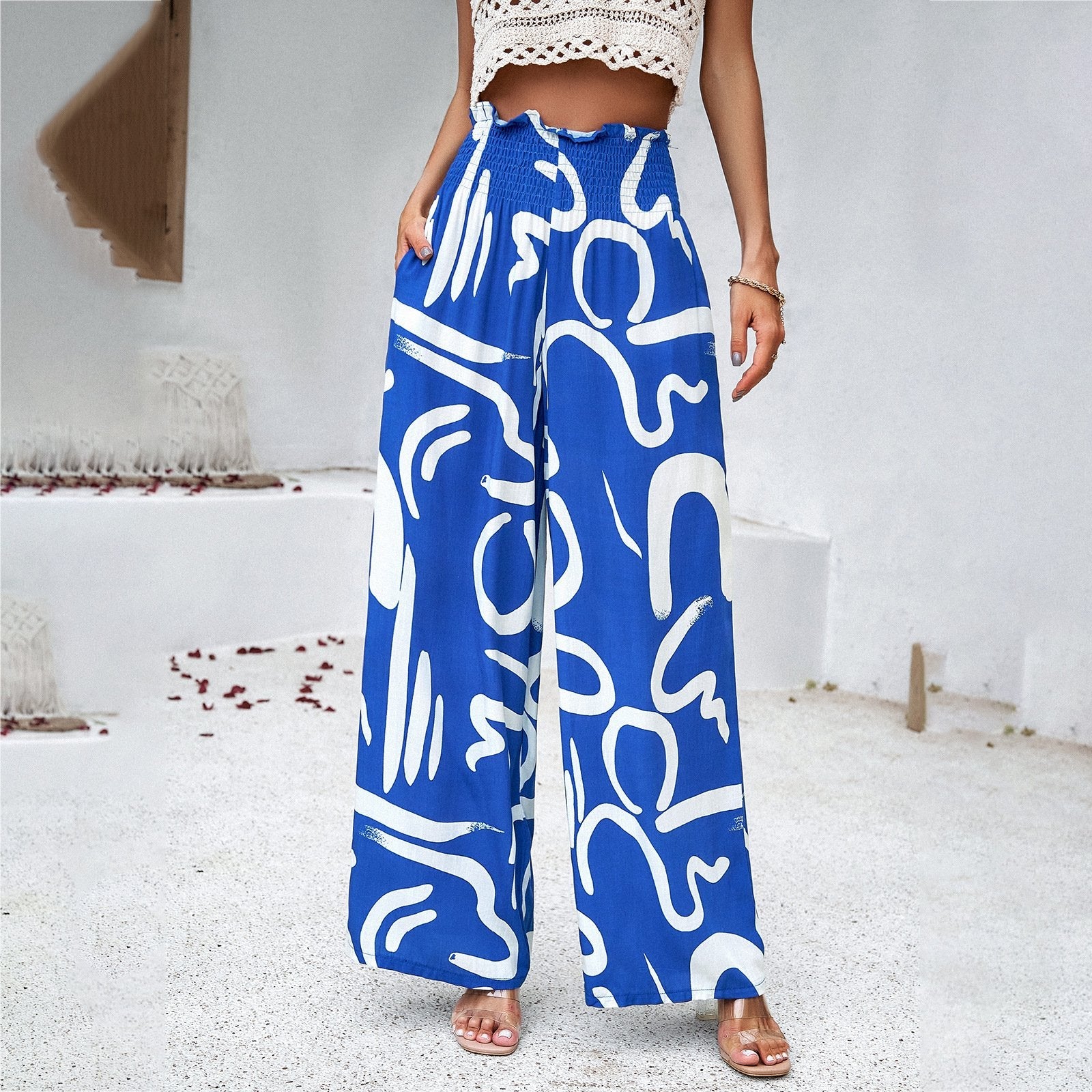 Pantalon imprimé été taille haute ample droit décontracté pour femme