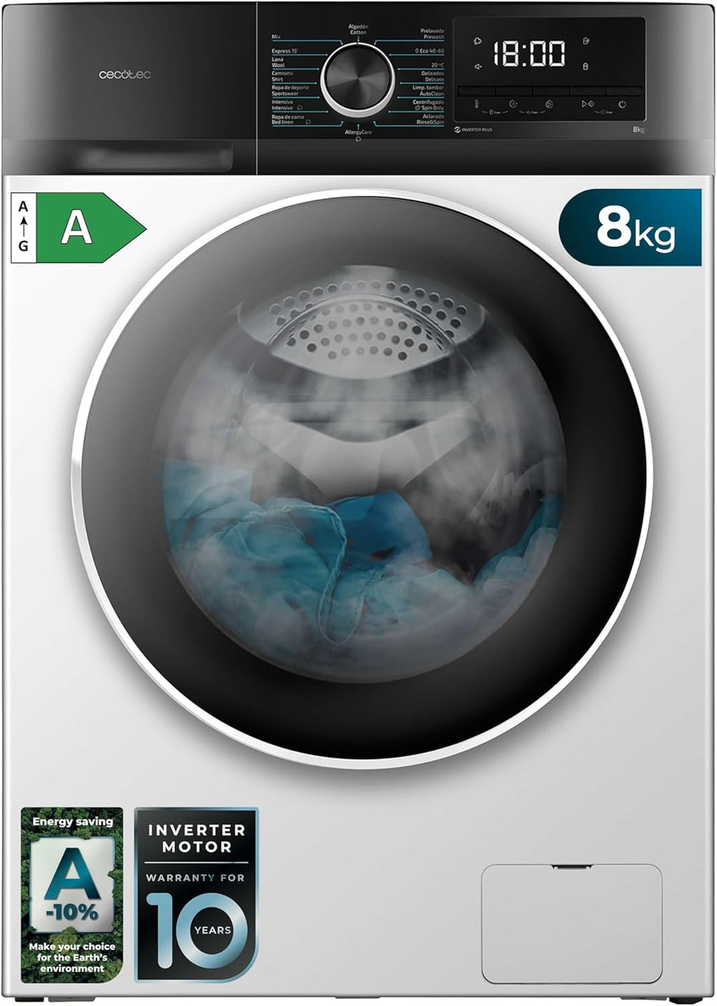 2026 Cecotec Bolero Dresscode 10500 Inverter Steel A. Lave-linge 10 kg Steel, 1400 tr/min, Moteur Inverter Plus, Vapeur, Classe A.