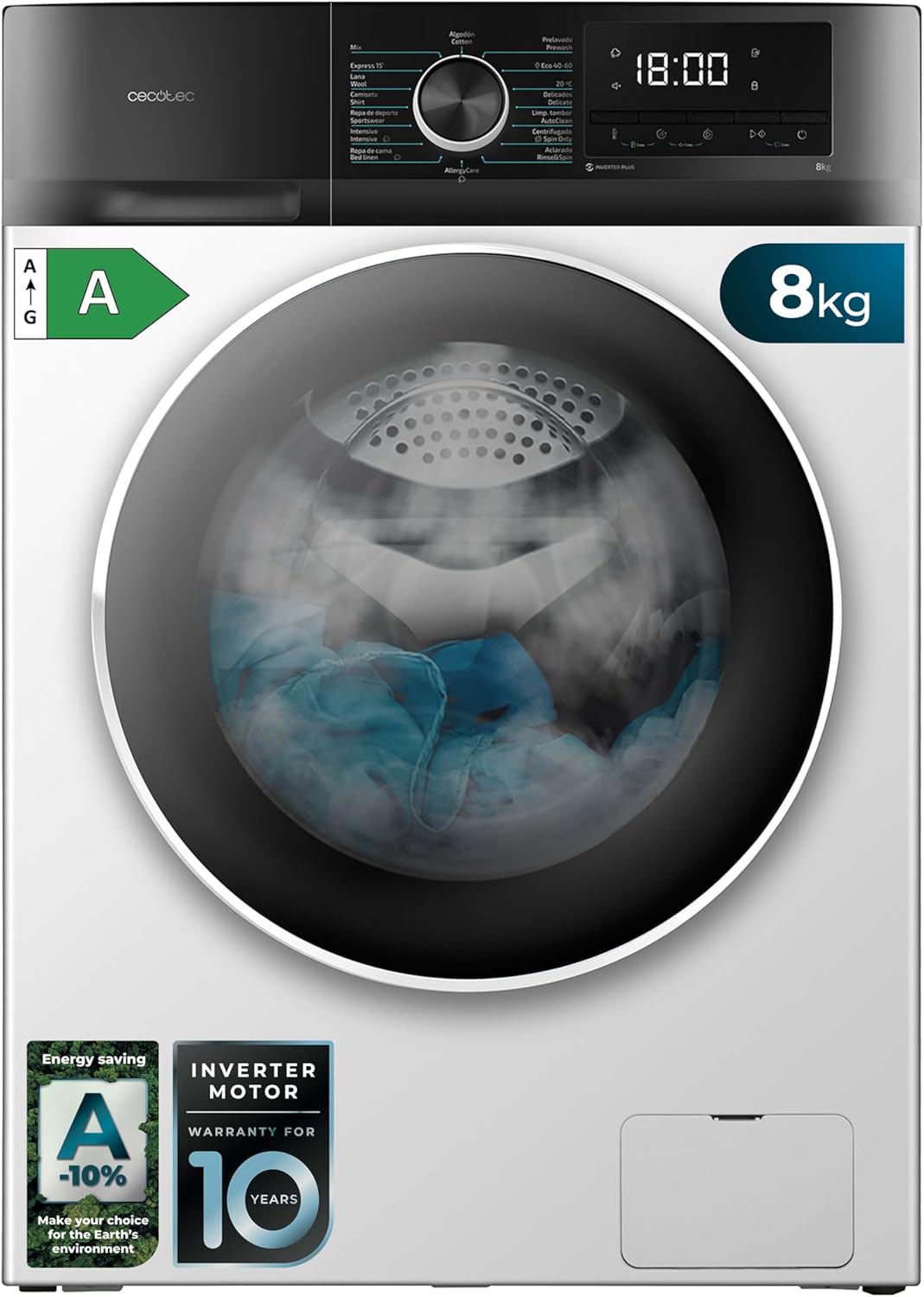 2026 Cecotec Bolero Dresscode 10500 Inverter Steel A. Lave-linge 10 kg Steel, 1400 tr/min, Moteur Inverter Plus, Vapeur, Classe A.
