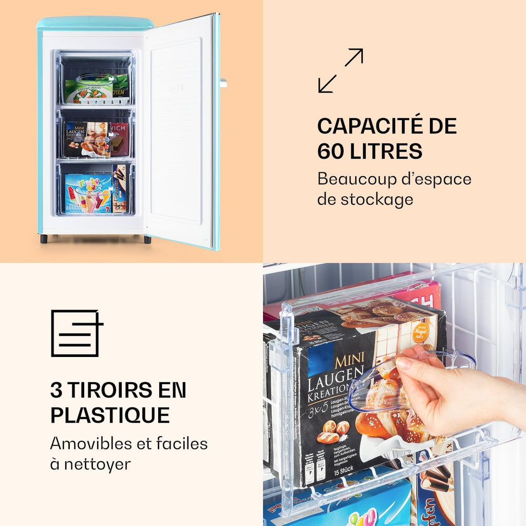 2026 KLARSTEIN Laika - Congélateur, volume total 60 litres, thermostat à 5 niveaux, 0 à -18°C, 3 grilles, pose libre, design rétro - rouge