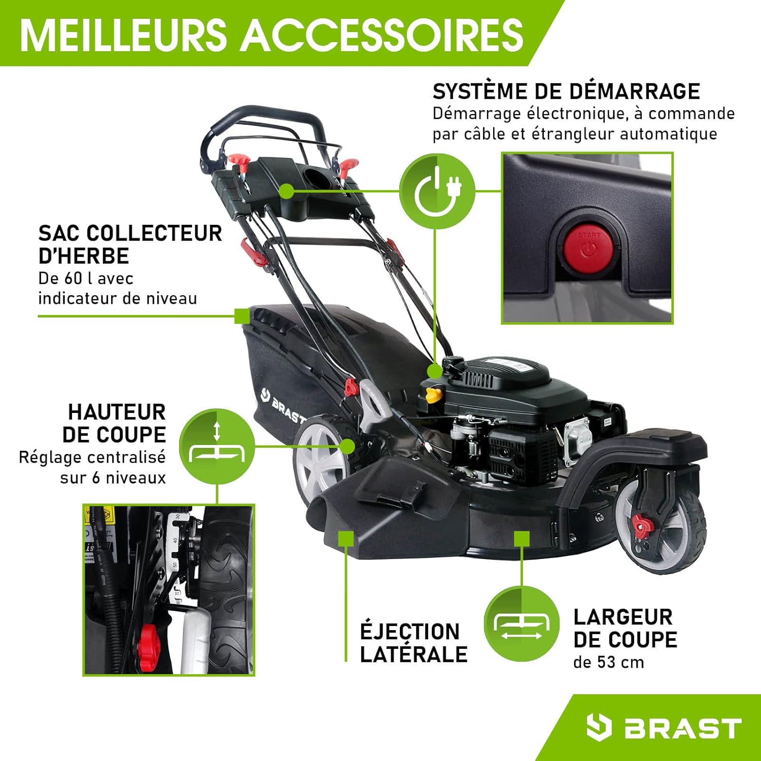 2026 BRAST tondeuse thermique 3 roues TRIKE E-START 224cc 53cm tractée démarrage électrique mulching 4en1 capot en tôle en acier 60l - moteur 4 temps de la marque française GT reglable