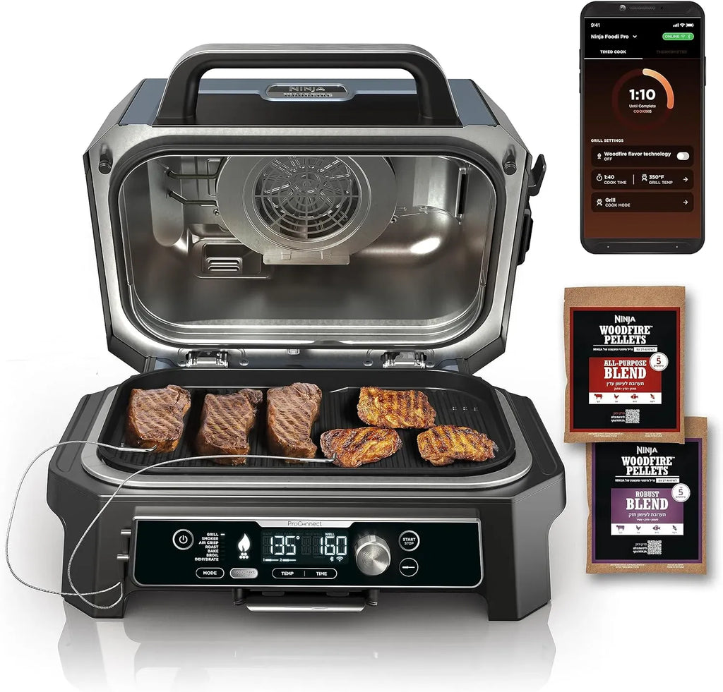 2026 Premium XL Outdoor-Grill & Smoker, Bluetooth, App-fähig, 7-in-1 Master Grill, BBQ-Smoker, Outdoor-Heißluftfritteuse, Woodfire-Technologie, 2 eingebaute Thermometer, Schwarz