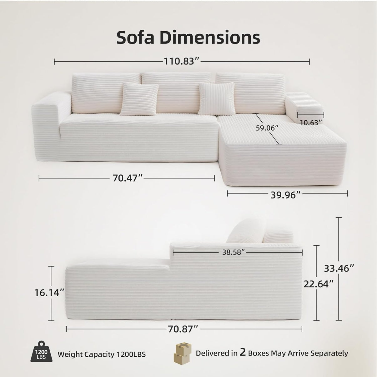 2026 Canapé d'angle 110" sans support, canapé d'angle Cloud Couch, canapé d'angle modulaire en velours côtelé en forme de L avec assise profonde, canapé rembourré pour salon, aucun assemblage requis