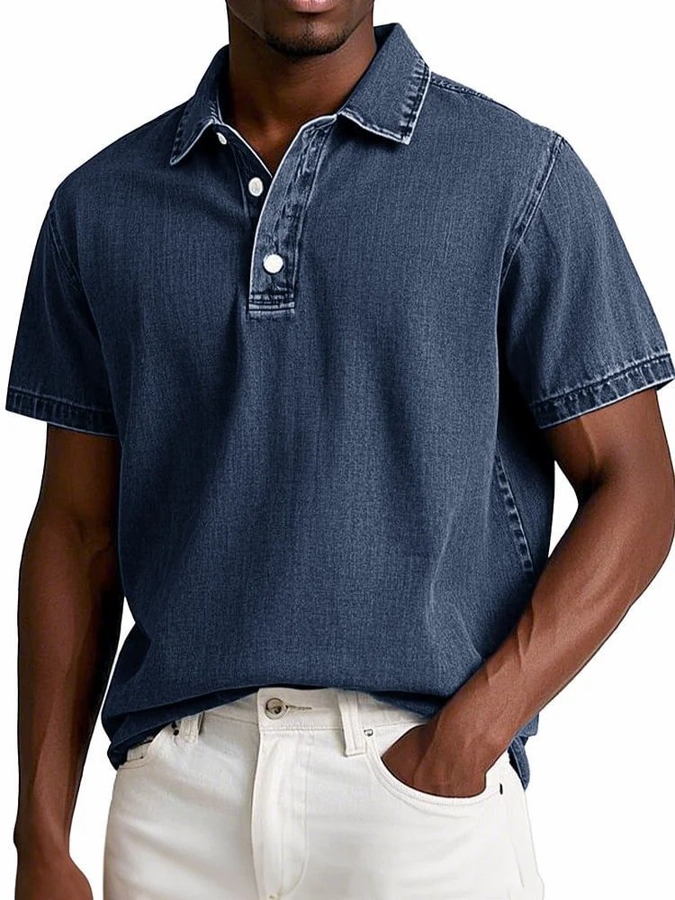 Polo couleur unie vintage manches courtes à revers décontracté pour homme