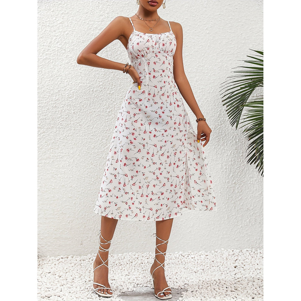 Robe à pois à bretelles fendu maxi élégant été pour femme