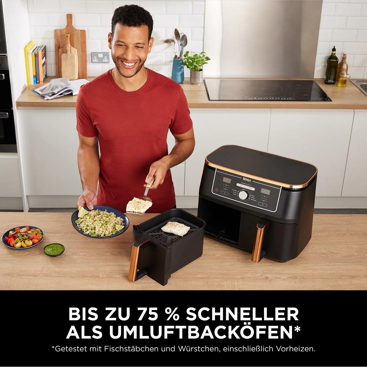 2026 Ninja Foodi MAX Dual Zone Heißluftfritteuse, 9,5L Airfryer, 2 Fächer, mit Zange, Antihaftbeschichtung, spülmaschinenfeste Körbe, 6-in-1, Amazon Exklusiv, Kupfer/Schwarz, AF400EUCP