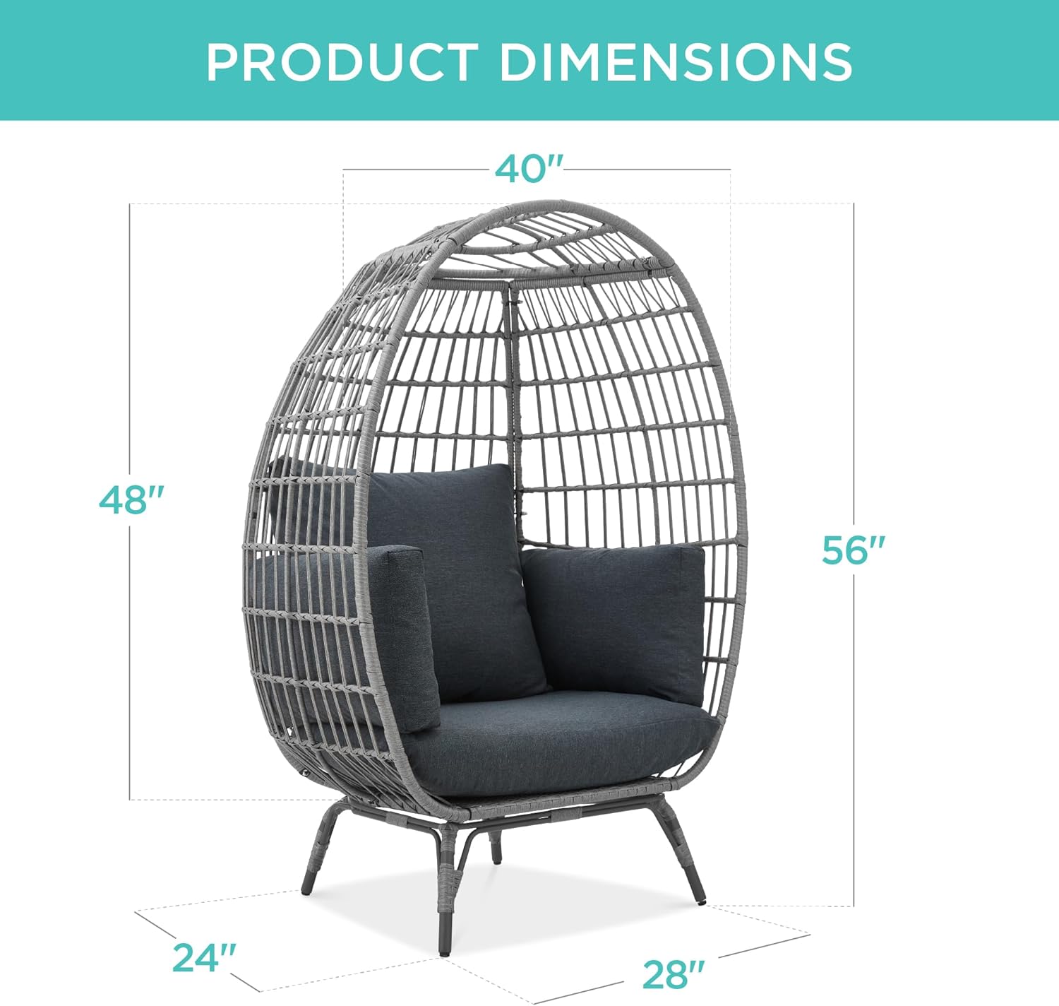2026 Best Choice Products Korbsessel „Eierstuhl“, übergroße Liege für drinnen und draußen für Terrasse, Garten, Wohnzimmer mit 4 Kissen, Stahlrahmen, 200 kg Tragkraft, Elfenbein