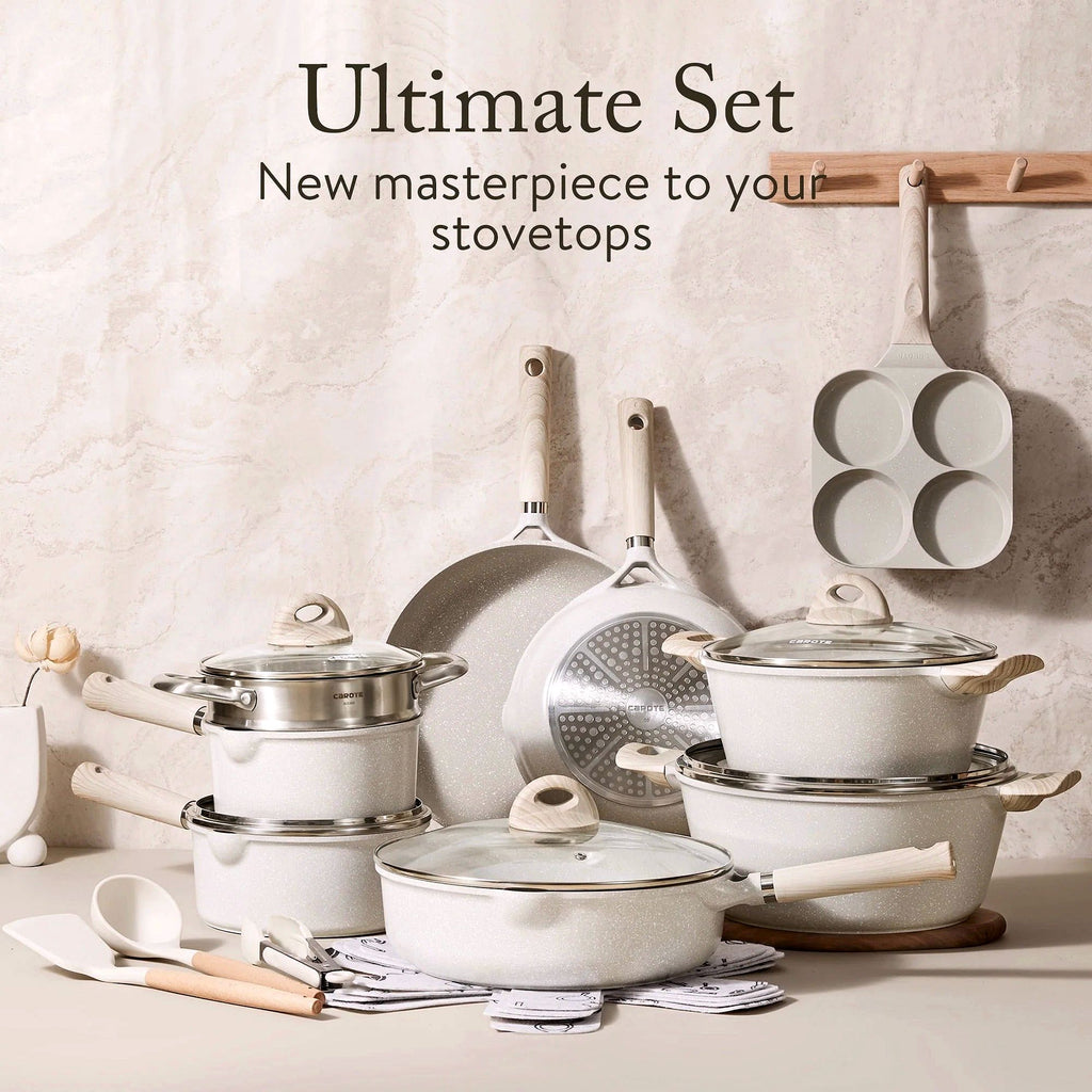 2026 CAROTE Ensemble de casseroles et poêles antiadhésives, Batterie de cuisine induction 21 pièces (Granit beige)