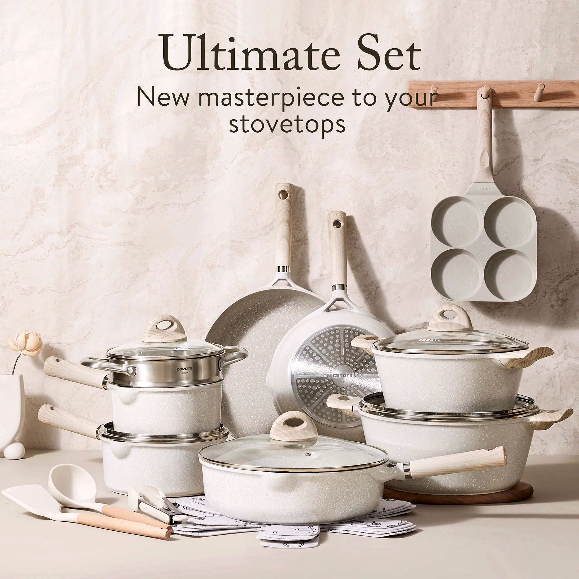 2026 CAROTE Ensemble de casseroles et poêles antiadhésives, Batterie de cuisine induction 21 pièces (Granit beige)