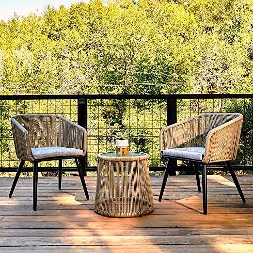 2026 Salon de jardin 3 pièces – Ensemble bistrot en rotin tressé à la main avec coussins imperméables, table avec plateau en verre trempé, mobilier d’extérieur pour terrasse et balcon, marron & gris clair