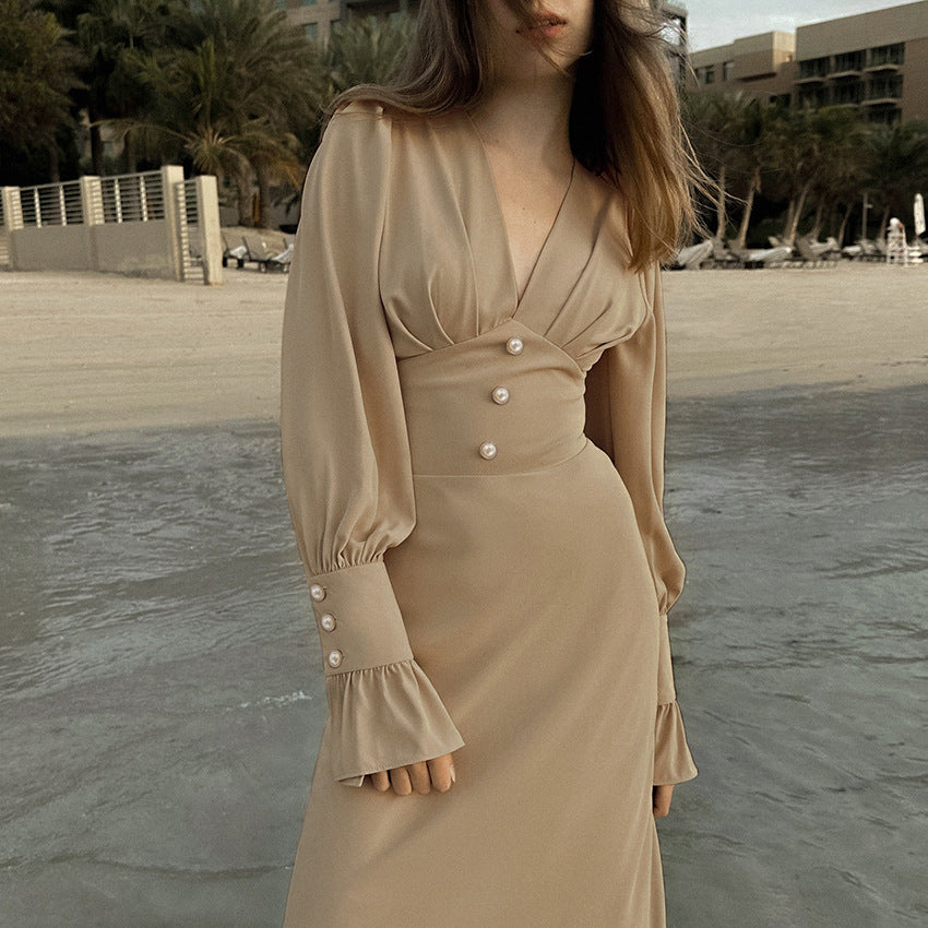 Robe col V coupe ajustée élégant français chiffon midi pour femme