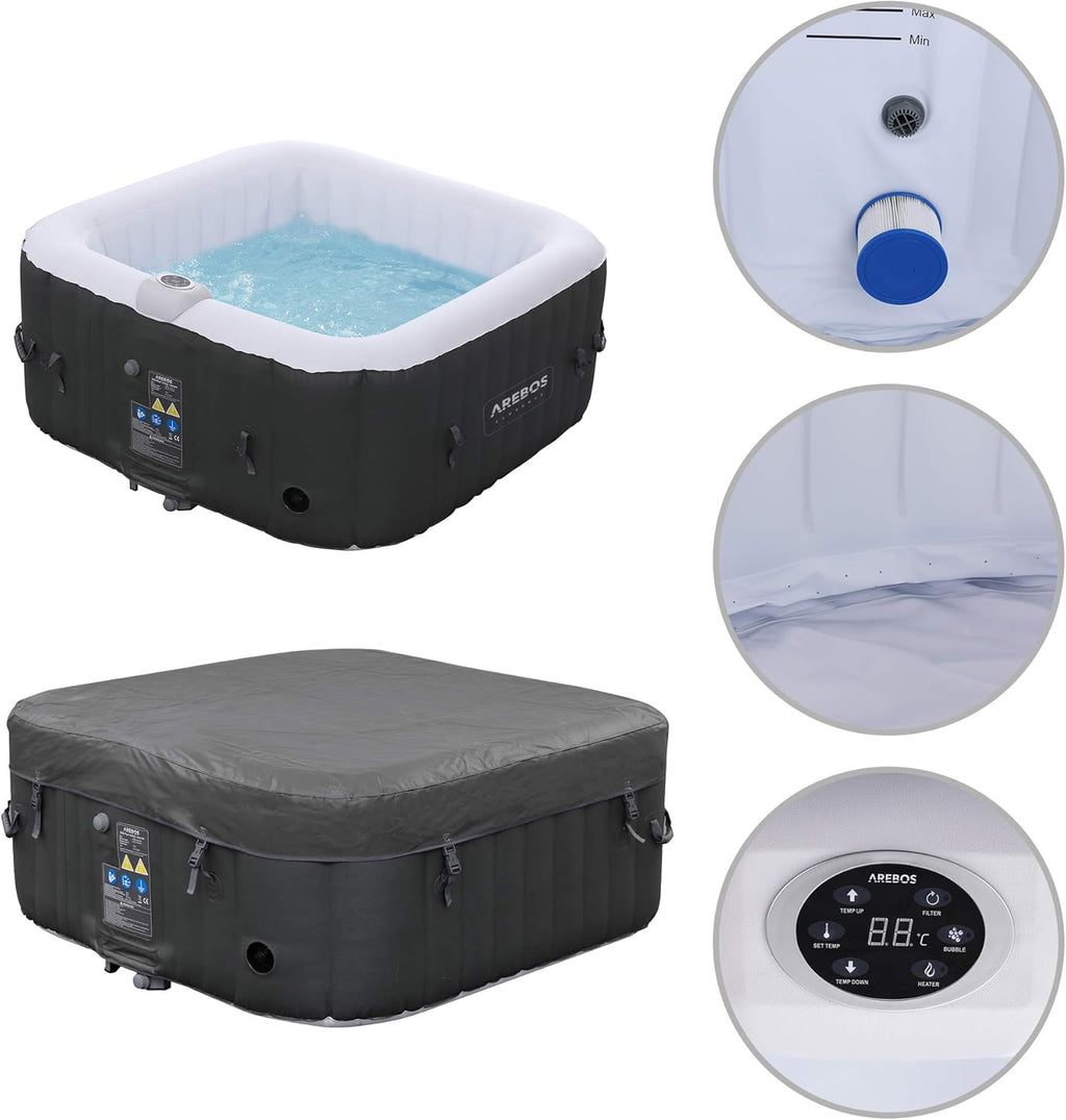 2026 Arebos Spa Gonflable | pour l'intérieur et l'extérieur | 4 Personnes | 154x154cm | 100 Jets de Massage | Spa Bien-être Chauffage | Massage Gonflable Carré | 600 litres
