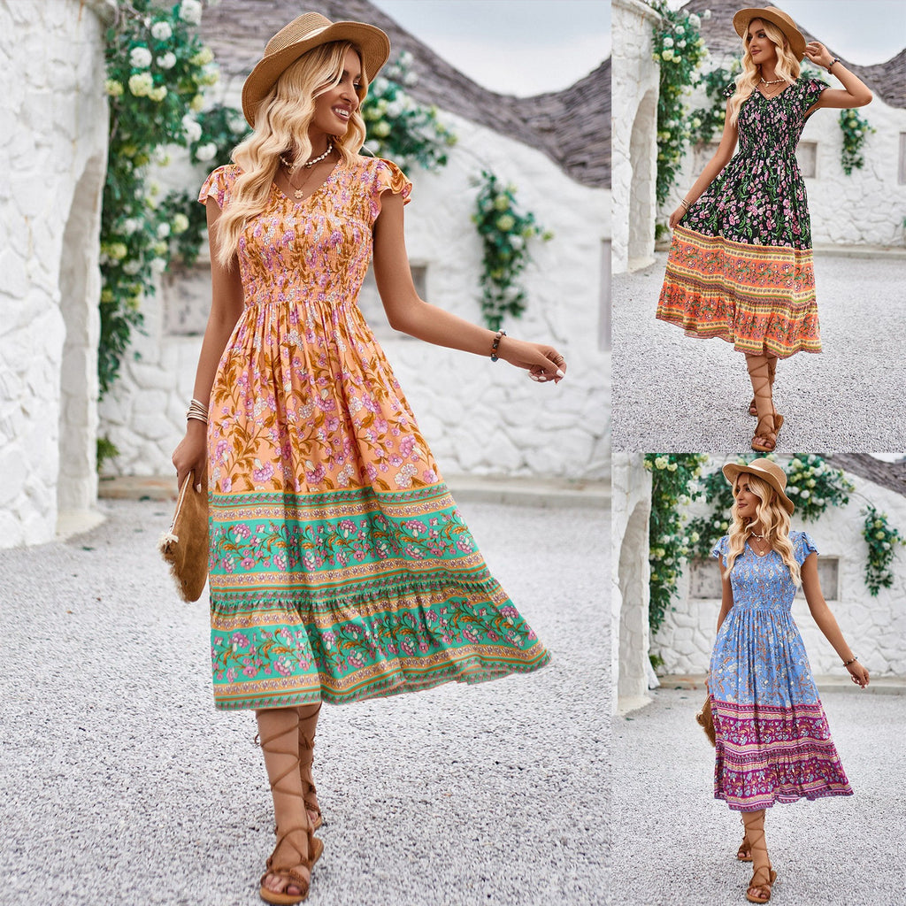 Robe fleuri col V à volants sans manches bohemian été plage pour femme
