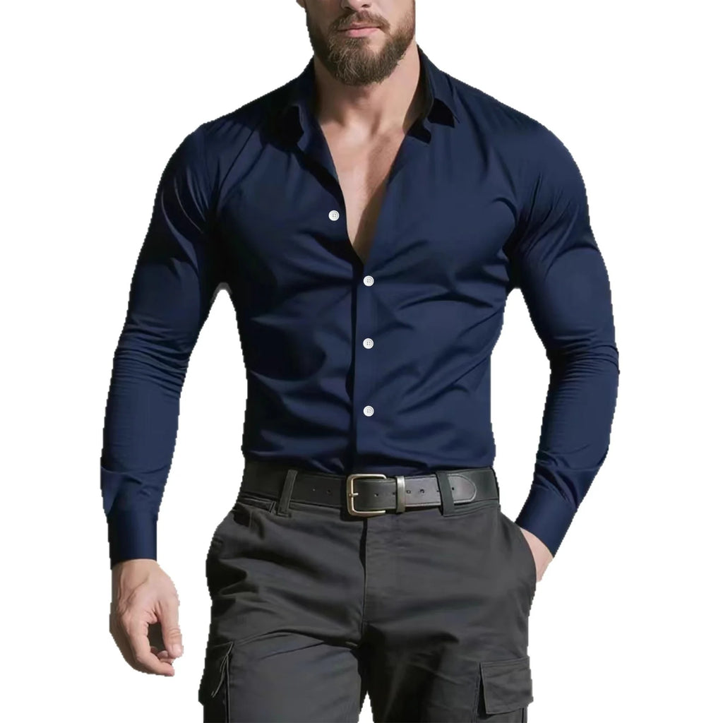 2026 Men's Casual Long Sleeve Glossy Button Down Slim Fit Shirt