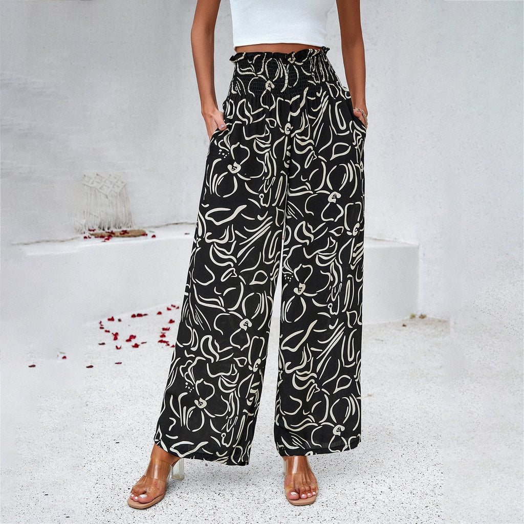 Pantalon imprimé été taille haute ample droit décontracté pour femme