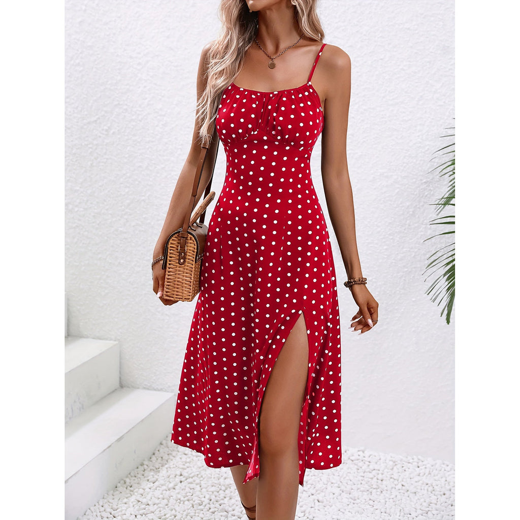 Robe à pois à bretelles fendu maxi élégant été pour femme