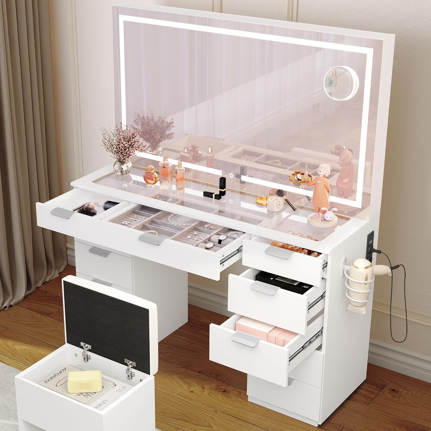 2026 Grande Coiffeuse avec éclairage LED réglable et Prises électriques, Coiffeuse avec Miroir, Toit en Verre Transparent, 11 tiroirs et Tabouret, Blanc