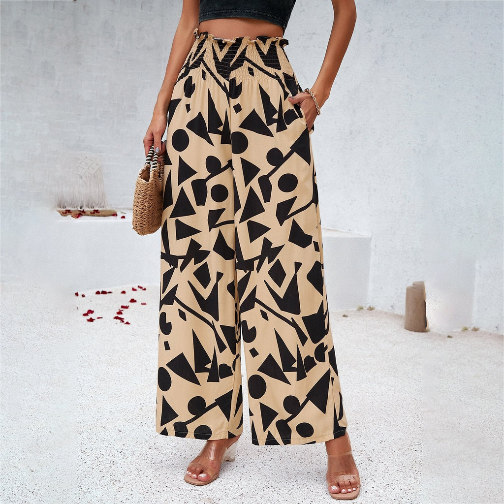Pantalon imprimé été taille haute ample droit décontracté pour femme