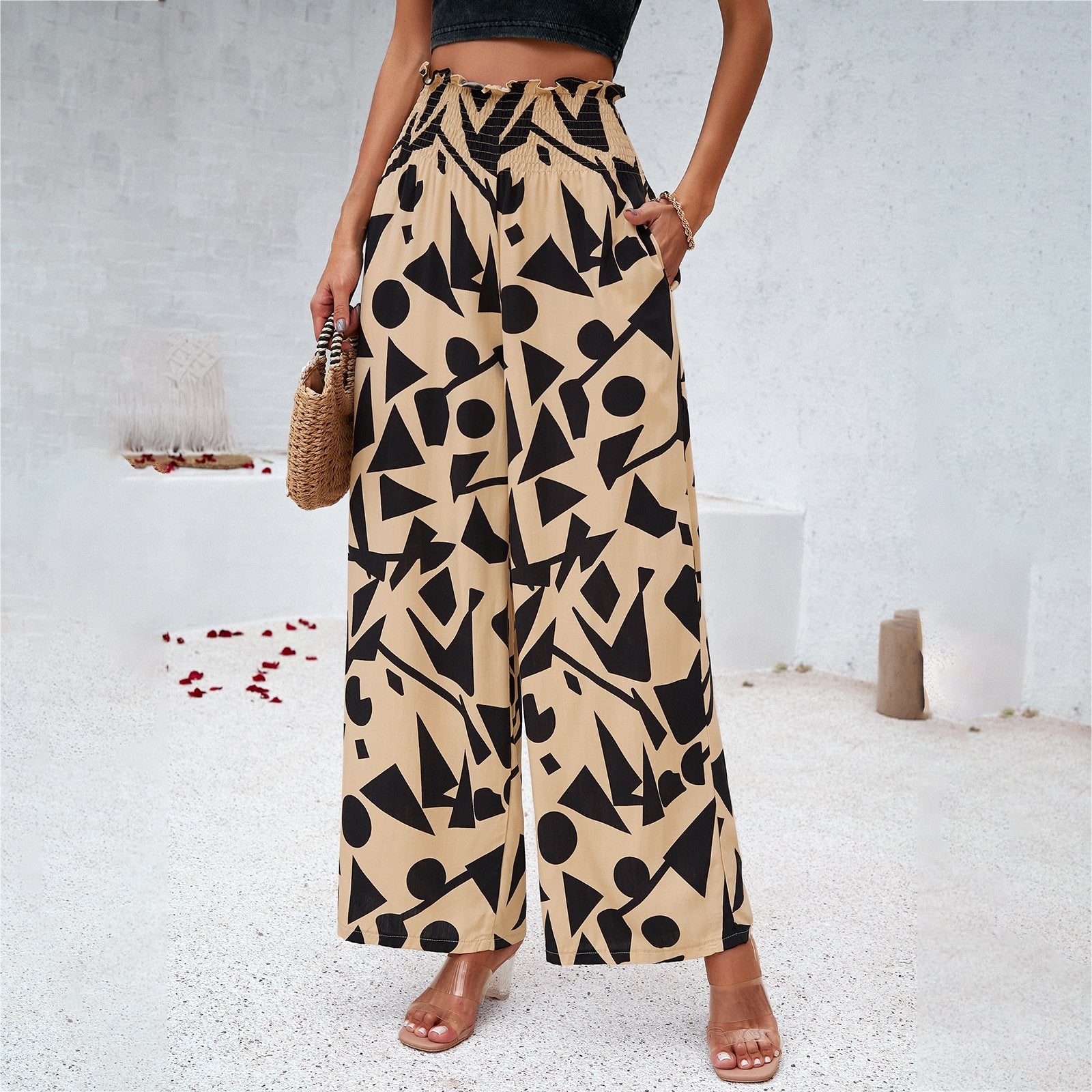 Pantalon imprimé été taille haute ample droit décontracté pour femme
