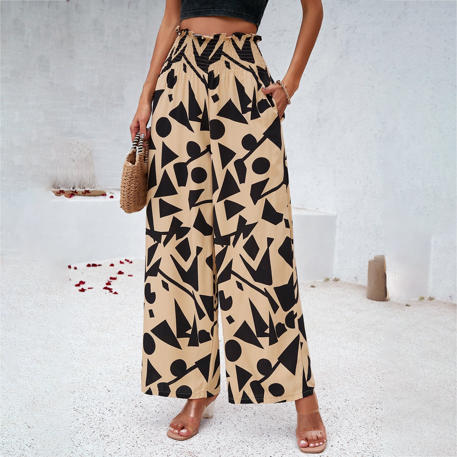 Pantalon imprimé été taille haute ample droit décontracté pour femme