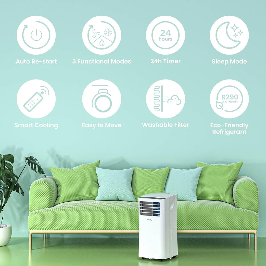 2026 Climatiseur Mobile 9000 BTU/h 2,6kW, 3-EN-1 Refroidisseur Déshumidificateur Ventilateur, Fonction Follow me, Minuterie, Mode nuit, Pour salon et maison de 33㎡/88m³, MPPH-09CRN7, R290