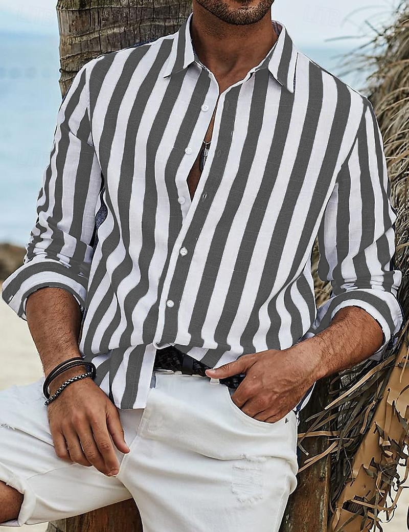 Chemise rayé manches longues en coton été décontracté respirant pour homme