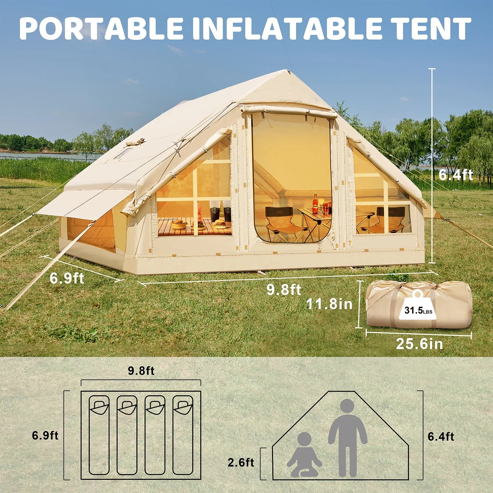 2026 Tenda da campeggio gonfiabile per 6 persone con pompa,tenda familiare Glamping di 10 piedi x 7 piedi Facile installazione 4 stagioni impermeabile antivento all'aperto Blow Up Tent Cabina Oxford di lusso con finestre e porte a rete -
