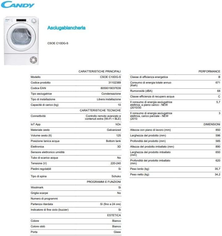 2026 CANDY Sèche linge Condensation CSOEC10DG-S
