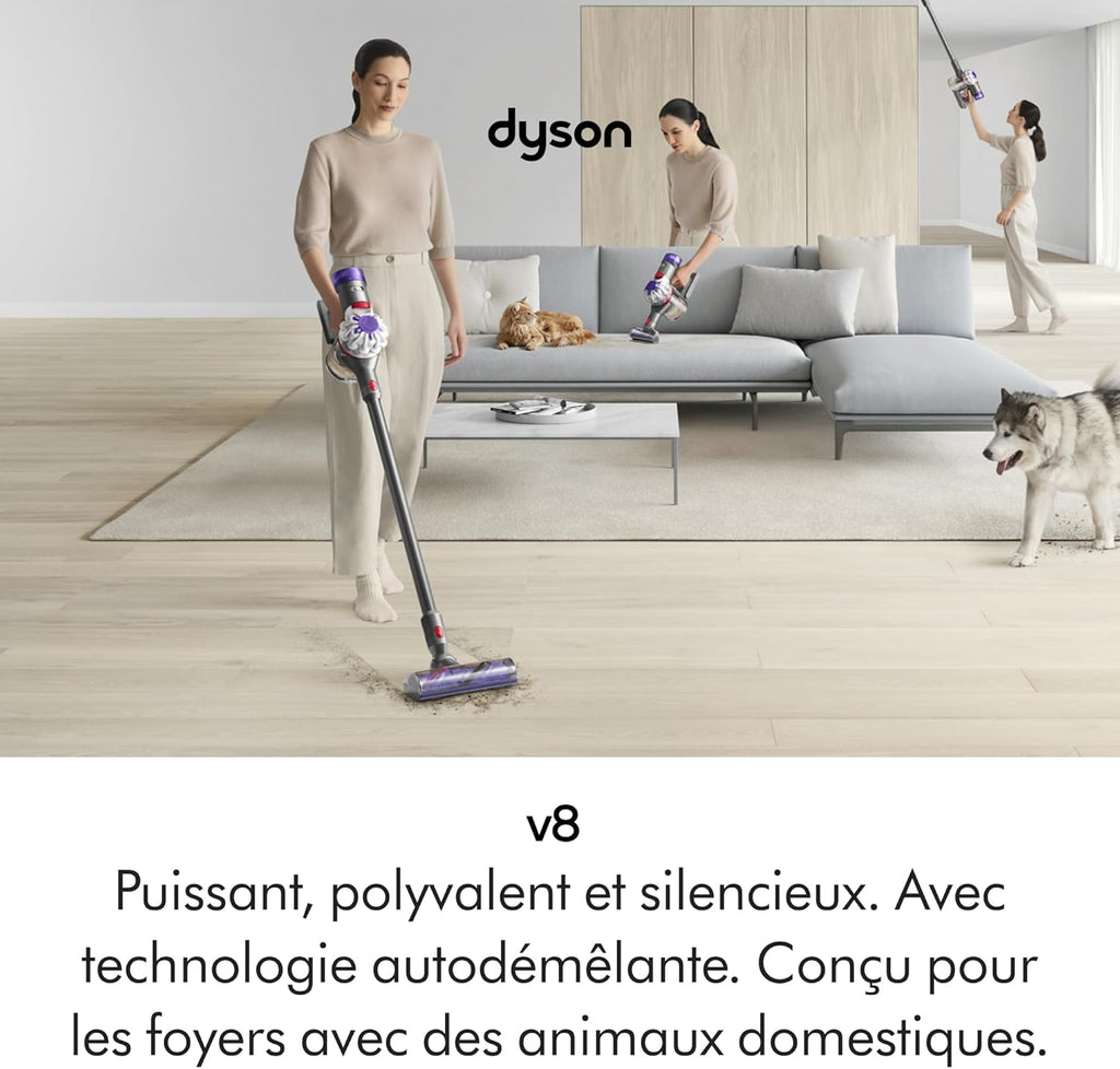2026 2025 Dyson V8 Advanced™ Aspirateur Balai sans Fil – 130 AW, 40 Min d’autonomie, Brosse Motorbar Auto-démêlante, Accessoires combinés, Station Murale, Argent/Nickel