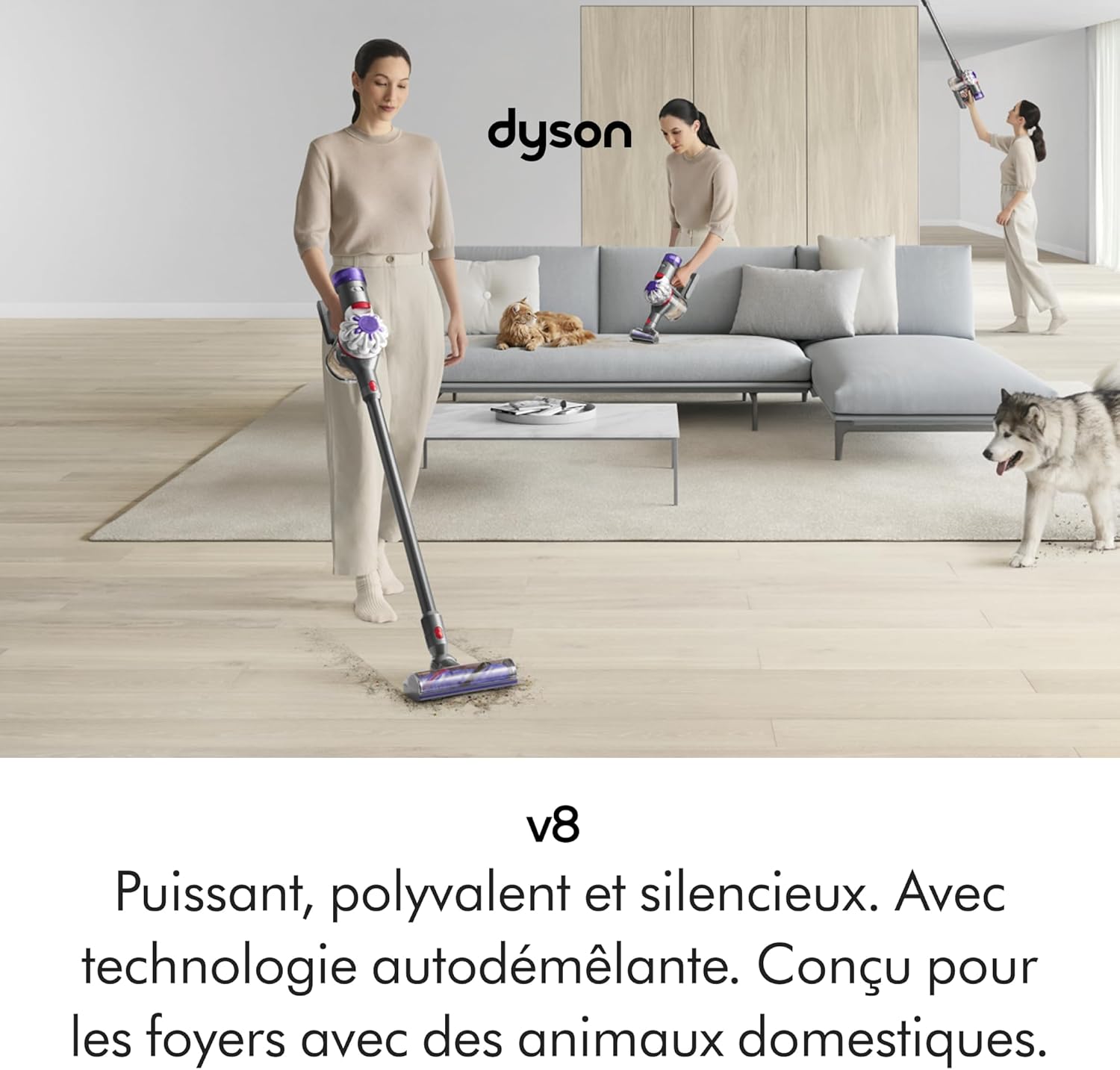 2026 2025 Dyson V8 Advanced™ Aspirateur Balai sans Fil – 130 AW, 40 Min d’autonomie, Brosse Motorbar Auto-démêlante, Accessoires combinés, Station Murale, Argent/Nickel