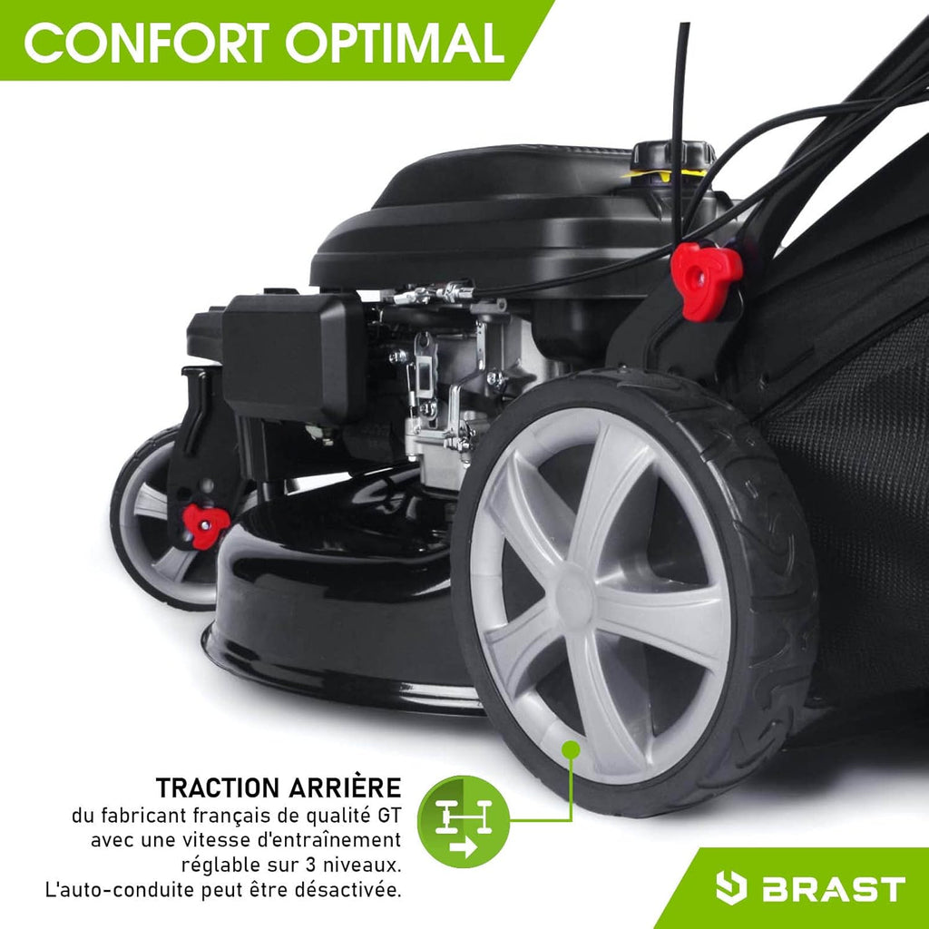 2026 BRAST tondeuse thermique 3 roues TRIKE E-START 224cc 53cm tractée démarrage électrique mulching 4en1 capot en tôle en acier 60l - moteur 4 temps de la marque française GT reglable