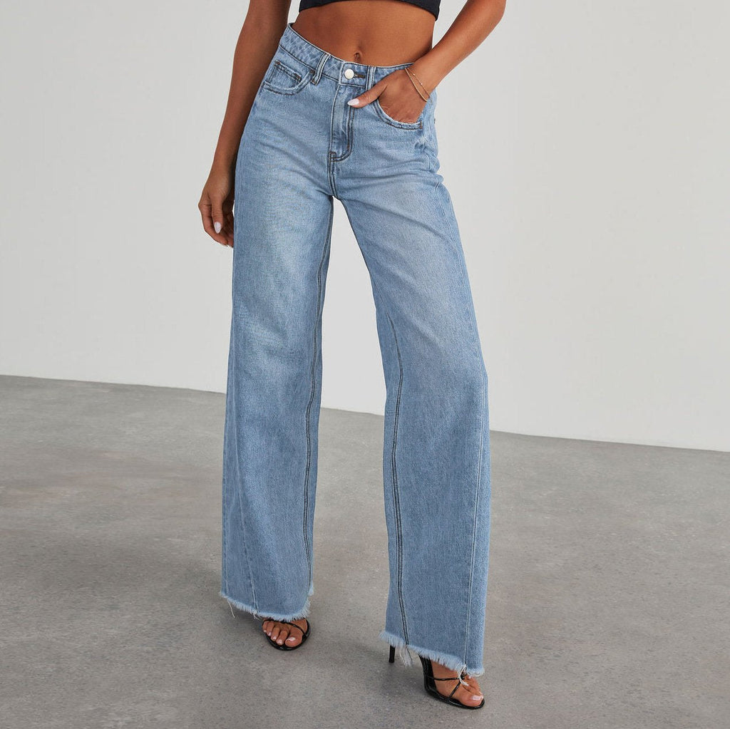Jean taille haute jambes droites en denim confortable coupe ajustée pour femme