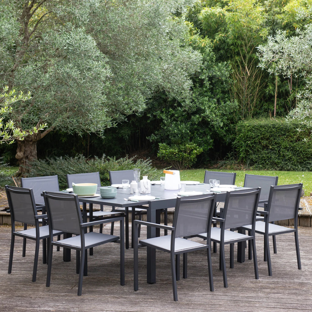 2026 Salon de jardin extensible 10 places de 140/200cm en textilène gris - aluminium anthracite VENEZIA Happy Garden