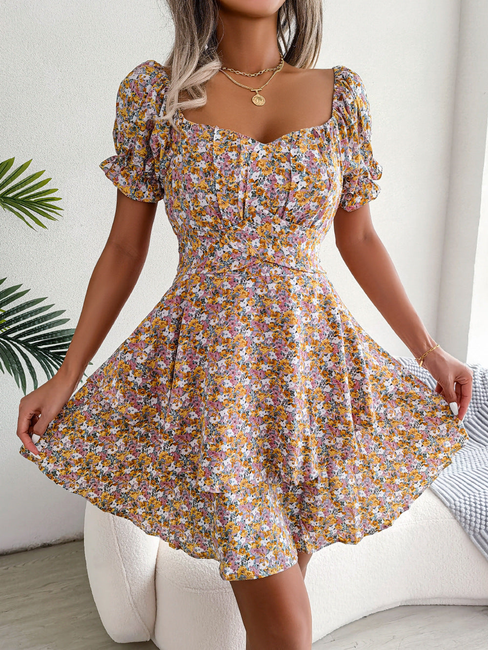 Robe fleuri mini taille haute évasé été décontracté pour femme