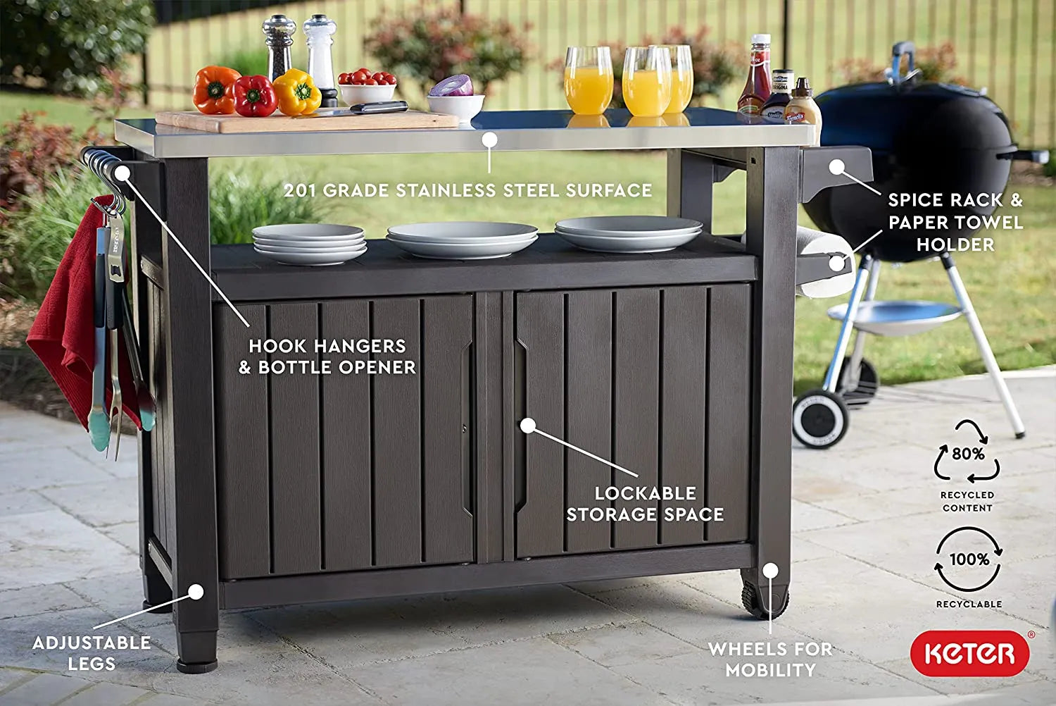 2026 2025 Keter Unity XL Mobiler Patio-Wagen – Wetterfester Außenküchentisch mit Edelstahl-Arbeitsfläche, Abschließbarem Stauraum & Zubehör
