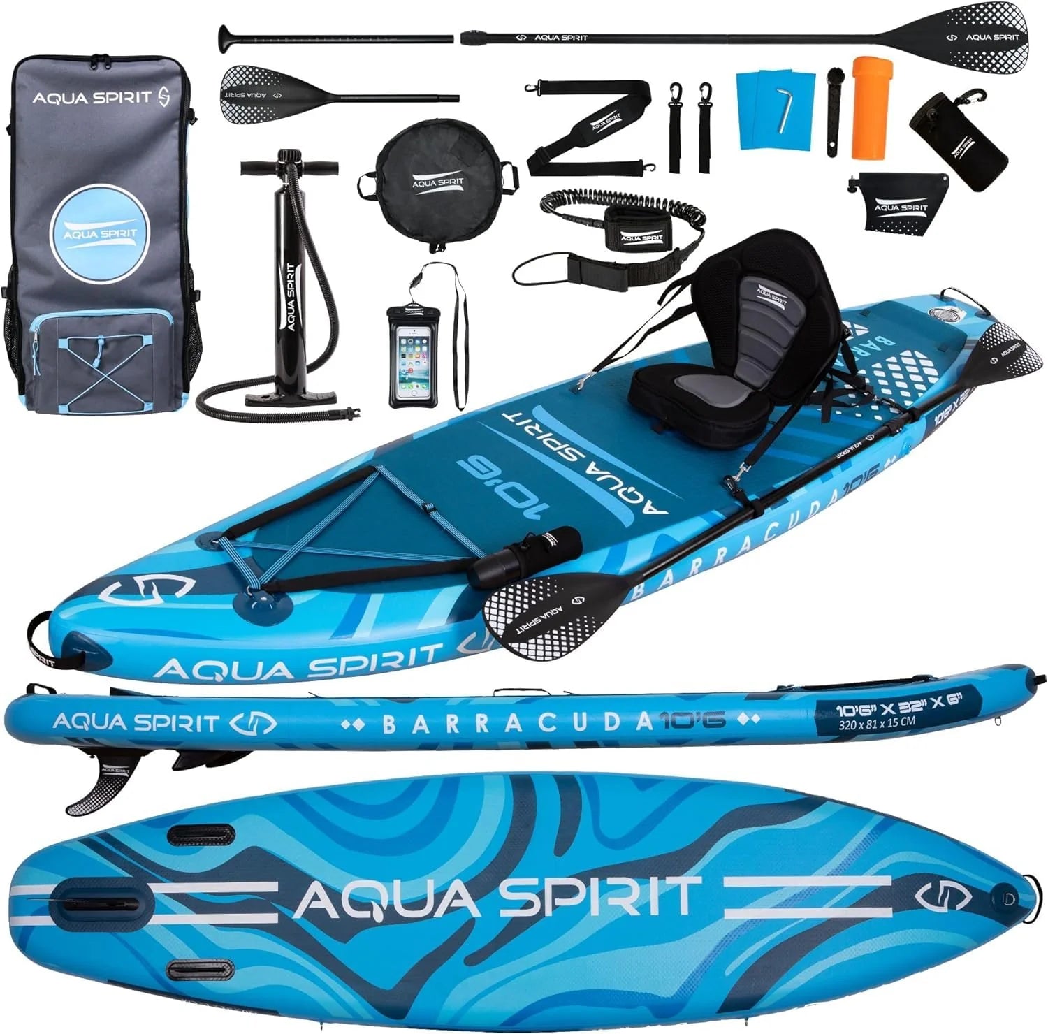 2026 Aqua Spirit SUP Board Aufblasbares Standup Stand Up Paddle Board/Paddel Kajak | 320x81x15cm | Satz mit Paddel, Sitz, Rucksack, Pumpe und weiterem Zubehör | Erwachsene Anfänger/Experten (Blau)