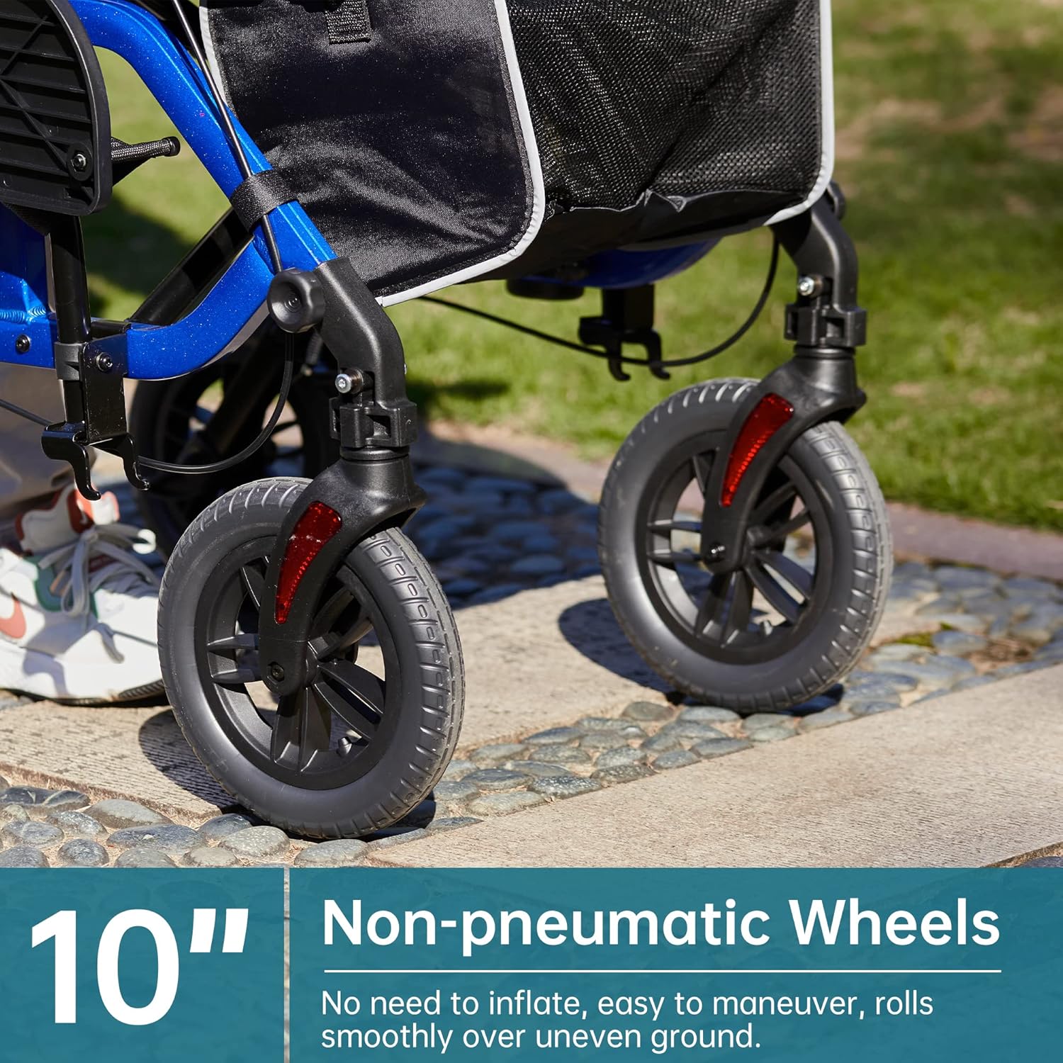 2026 Geländegängiger 2-in-1-Rollator und Transportstuhl, zusammenklappbarer Rollstuhl mit luftlosen 10-Zoll-Rädern für Senioren, umkehrbare Rückenlehne und abnehmbare Fußstützen, blau