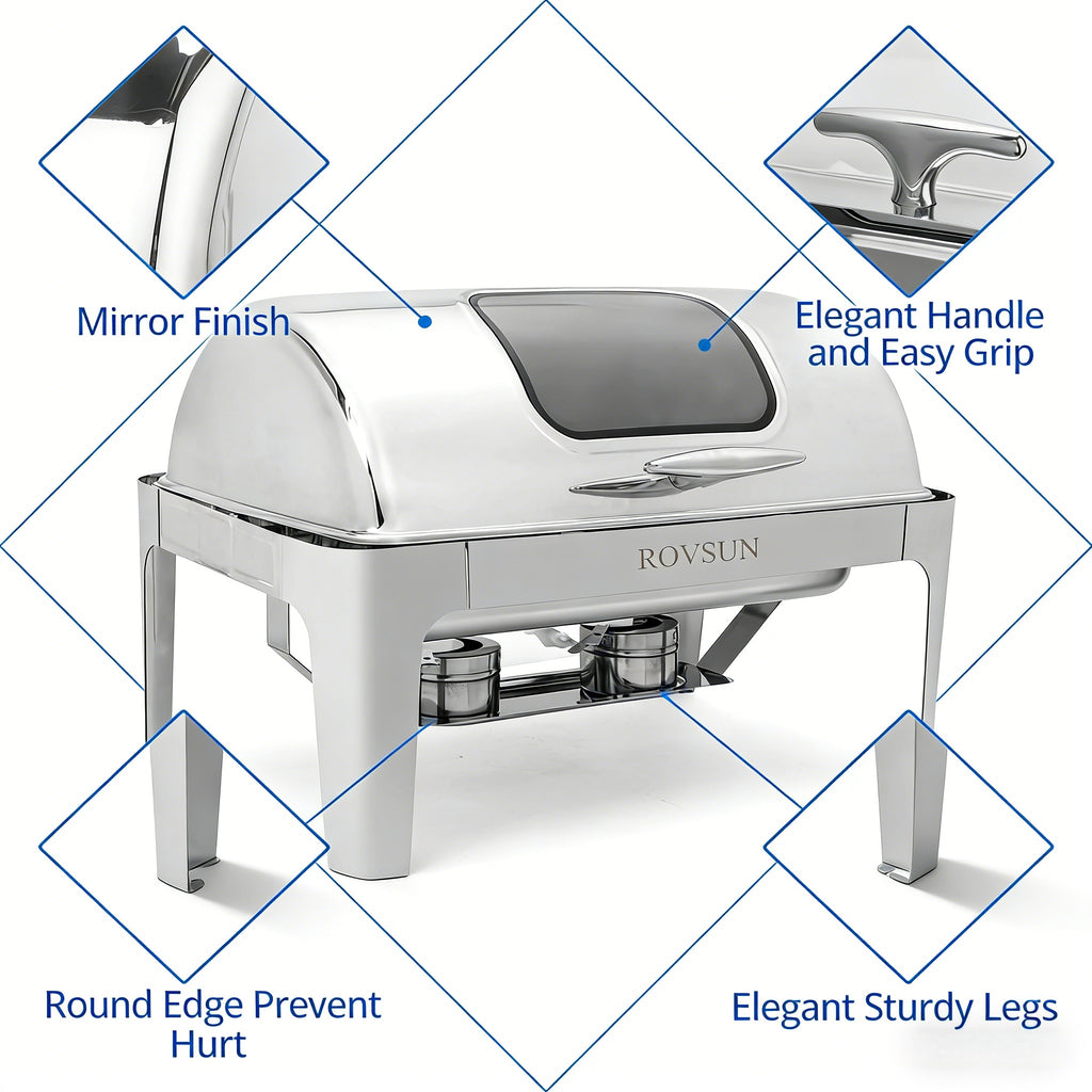 2026 9 QT Roll Top Rectangle Chafing Dish Set with Full Size Pan & Visible Window