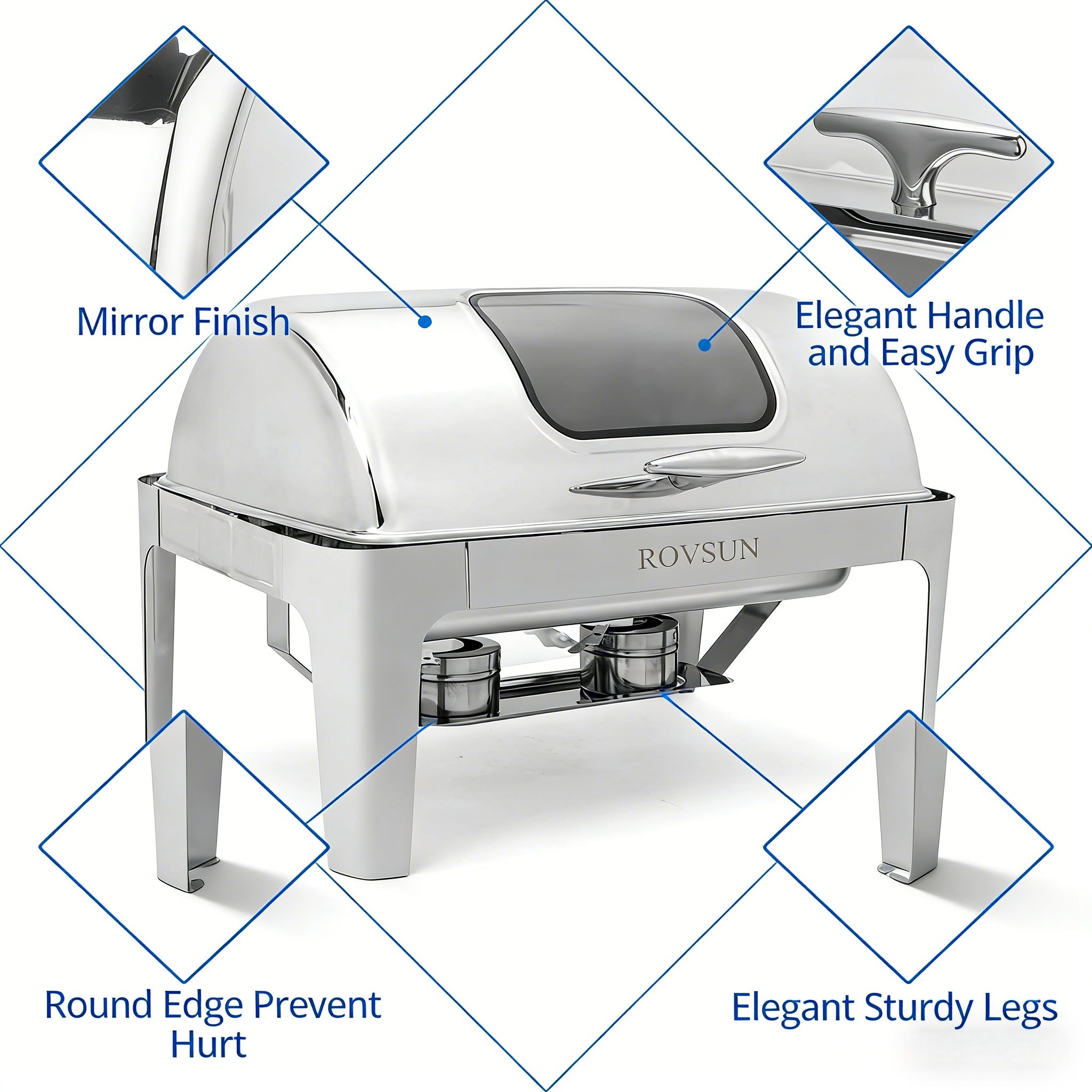 2026 9 QT Roll Top Rectangle Chafing Dish Set with Full Size Pan & Visible Window