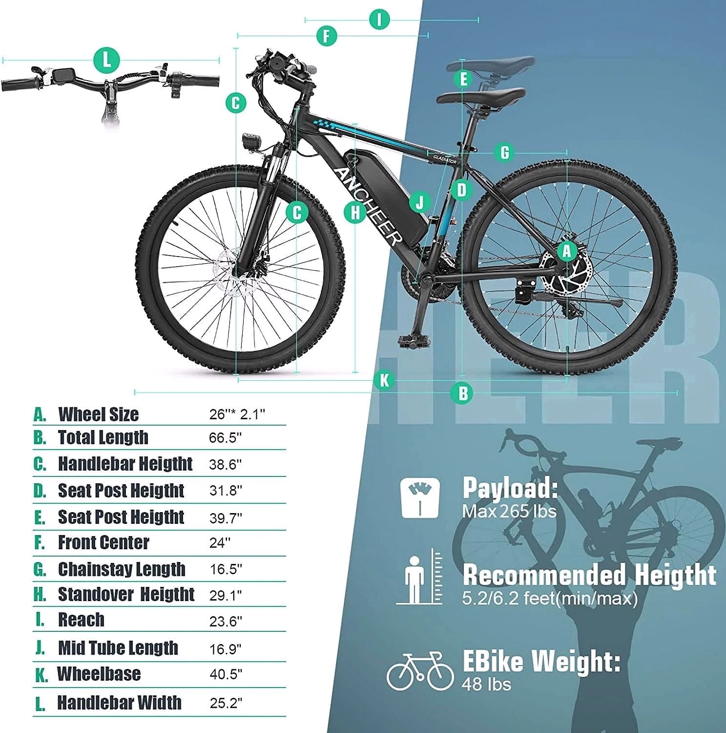 2026 Vélo électrique tout terrain ANCHEER Gladiator 500W 26" pour adultes