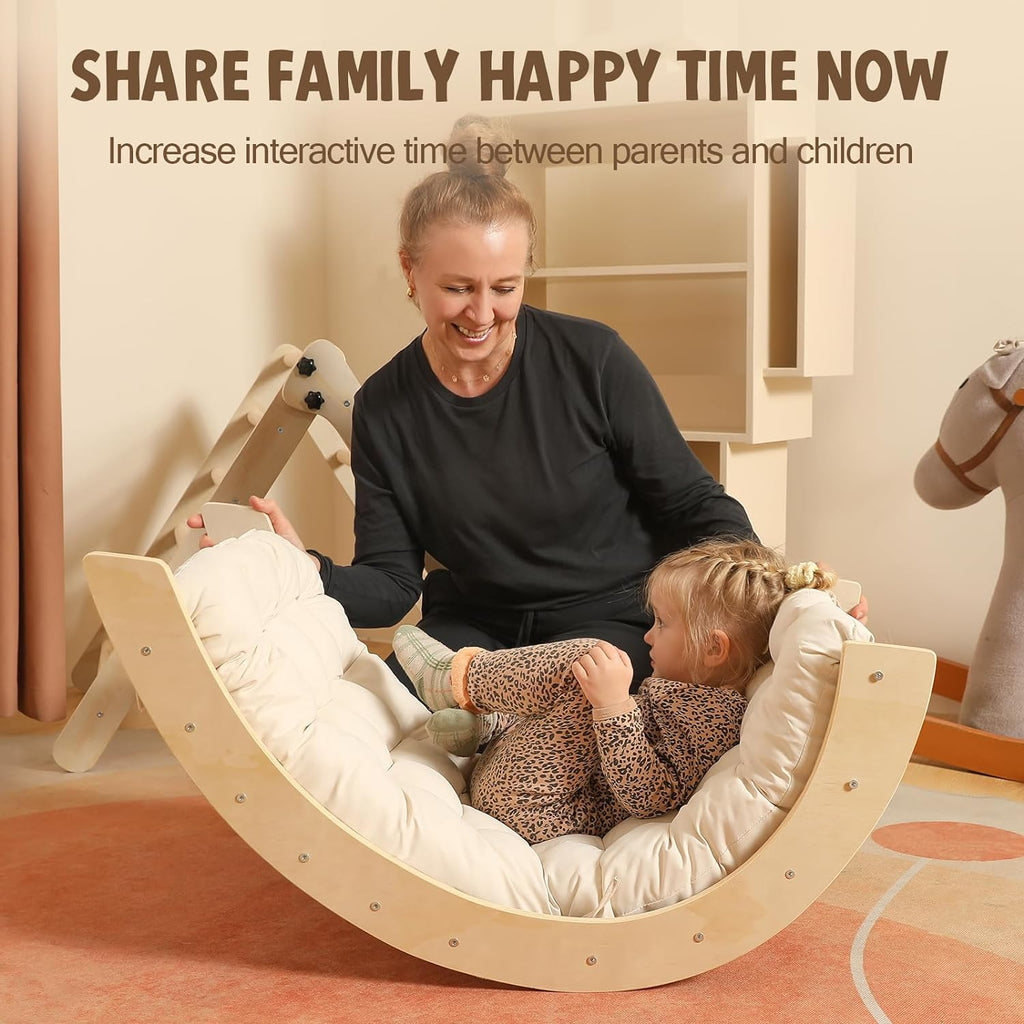 2026 Dreieck-Set mit Kissen, 5-in-1 Montessori-Kletterset, faltbar, Kletter-Indoor-Spielplatz-Set für Kleinkinder, Holz-Kletterspielzeug mit Rampe und Kletterbogen für Kinder (Holzfarbe)
