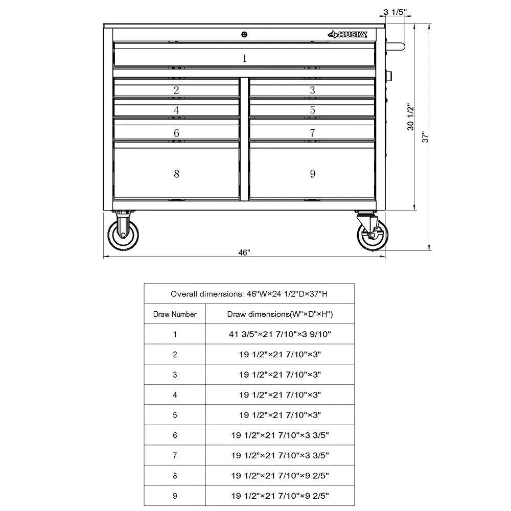 2026 46 Zoll B x 24 Zoll T, tiefer Werkzeugkasten mit 9 Schubladen, glänzend schwarz, mobile Werkbank