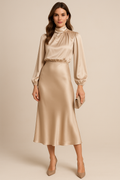 Robe élégant satin col montant midi long manches pour femme