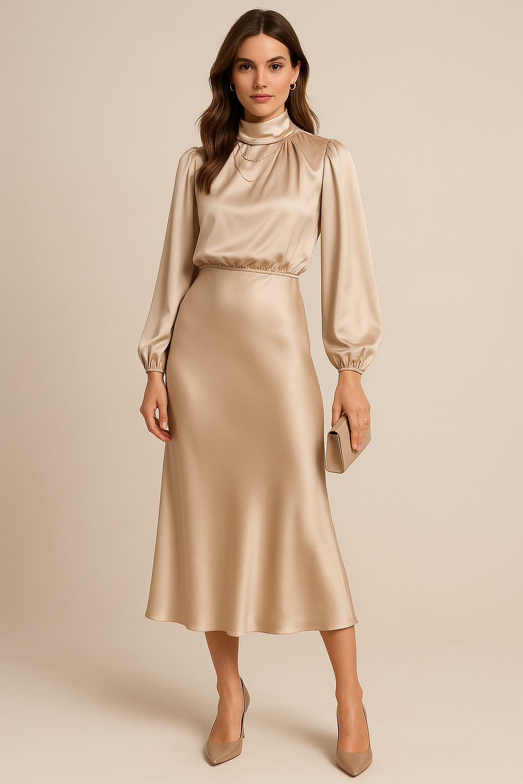 Robe élégant satin col montant midi long manches pour femme