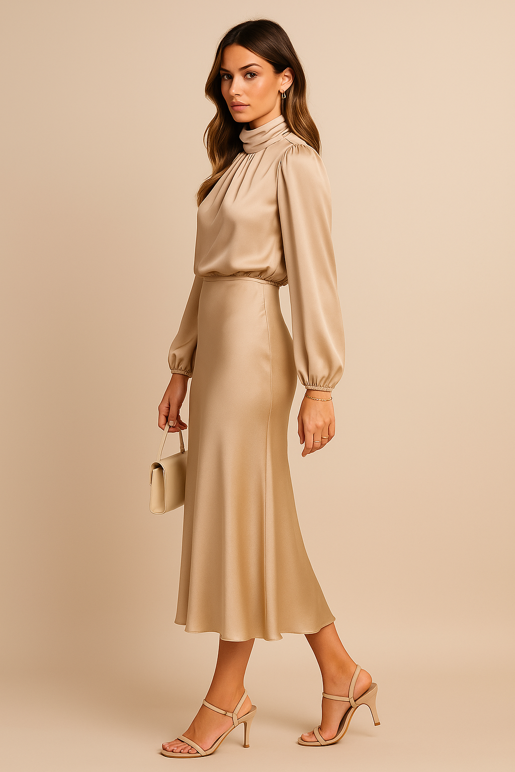 Robe élégant satin col montant midi long manches pour femme