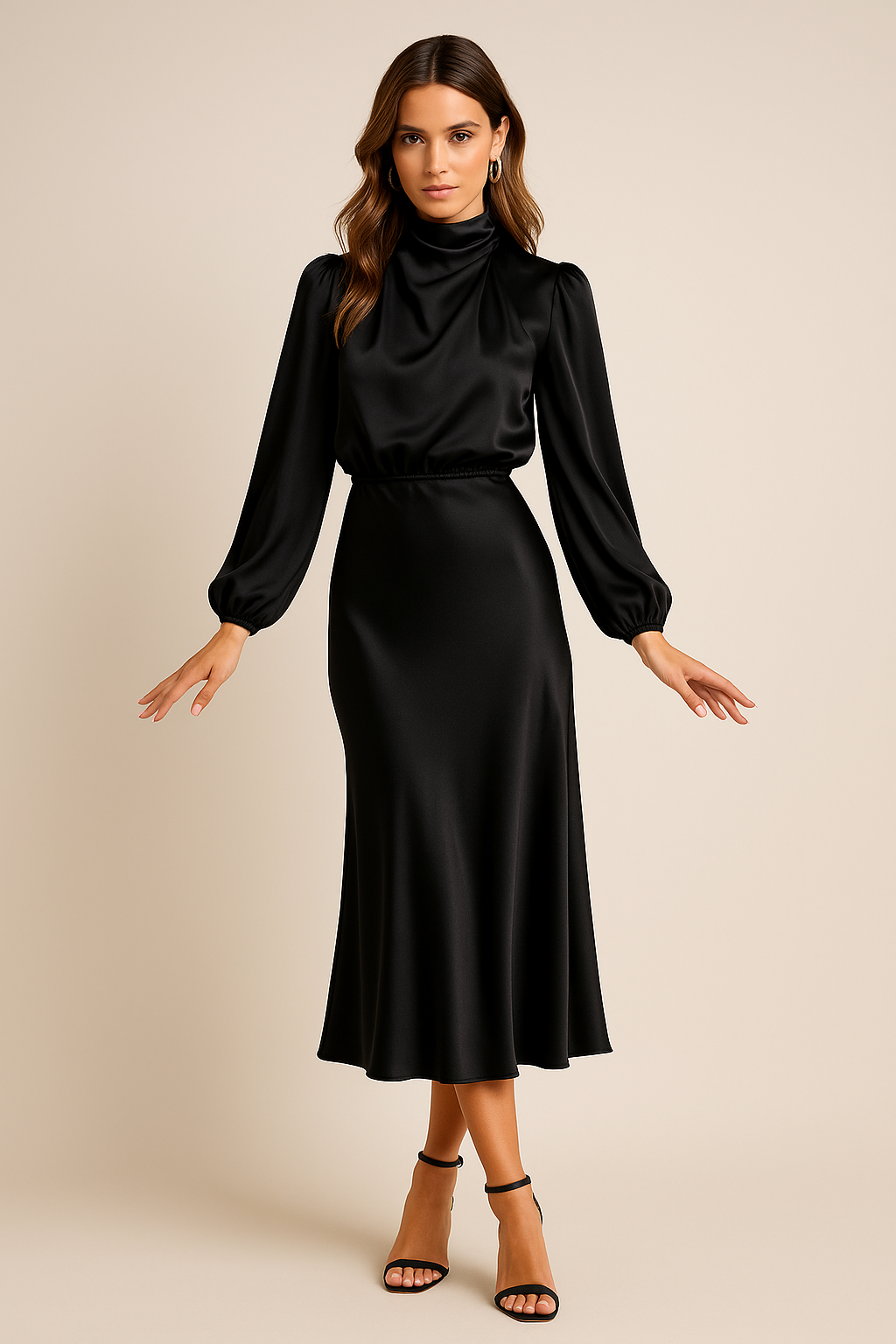Robe élégant satin col montant midi long manches pour femme