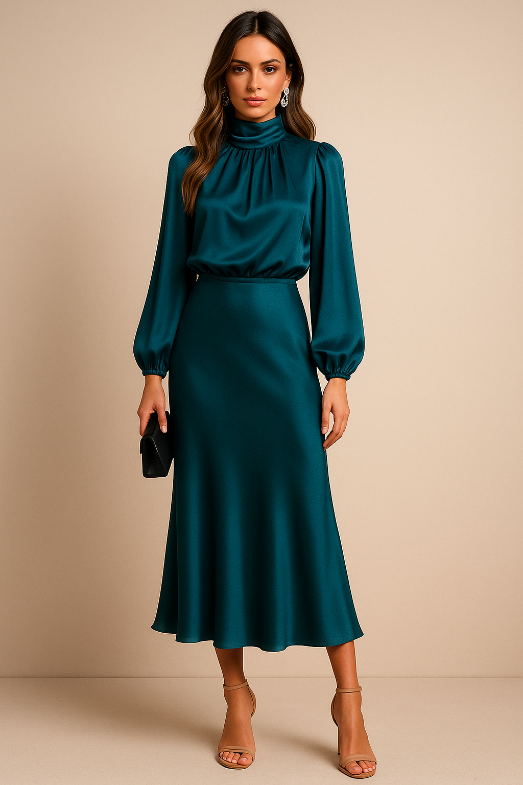 Robe élégant satin col montant midi long manches pour femme