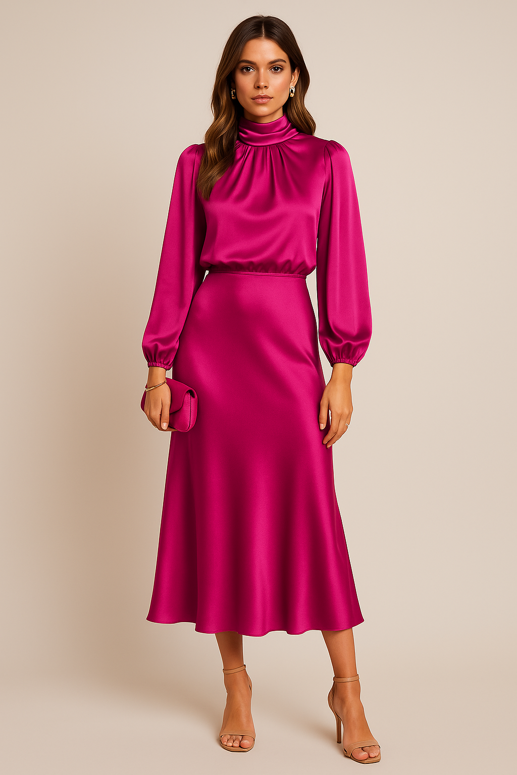 Robe élégant satin col montant midi long manches pour femme