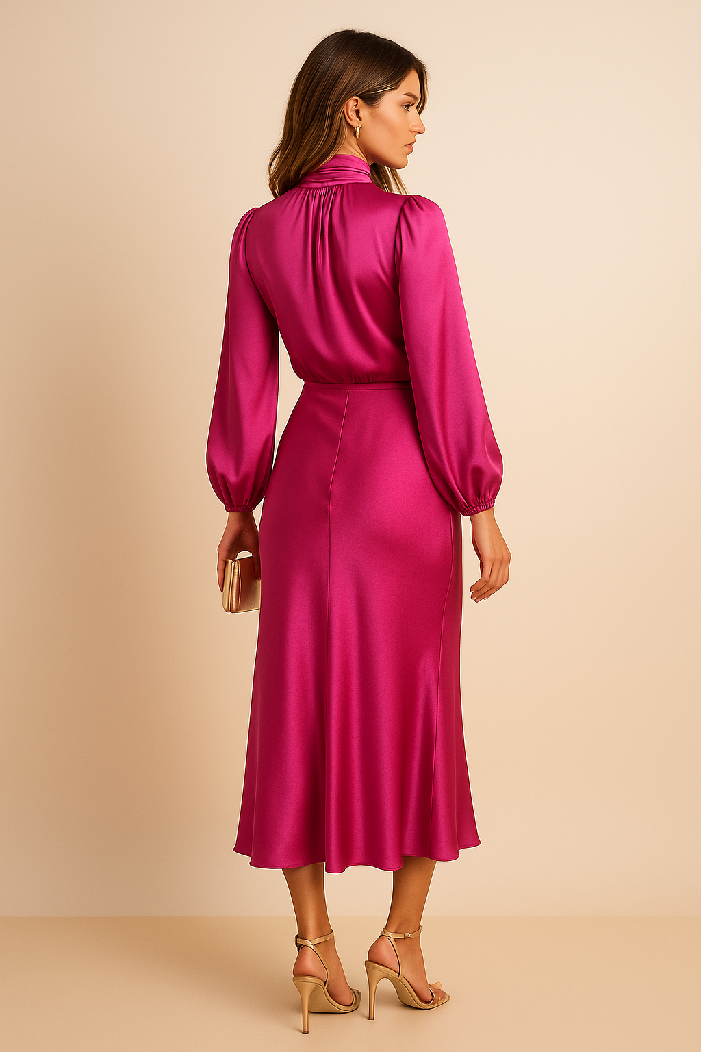 Robe élégant satin col montant midi long manches pour femme